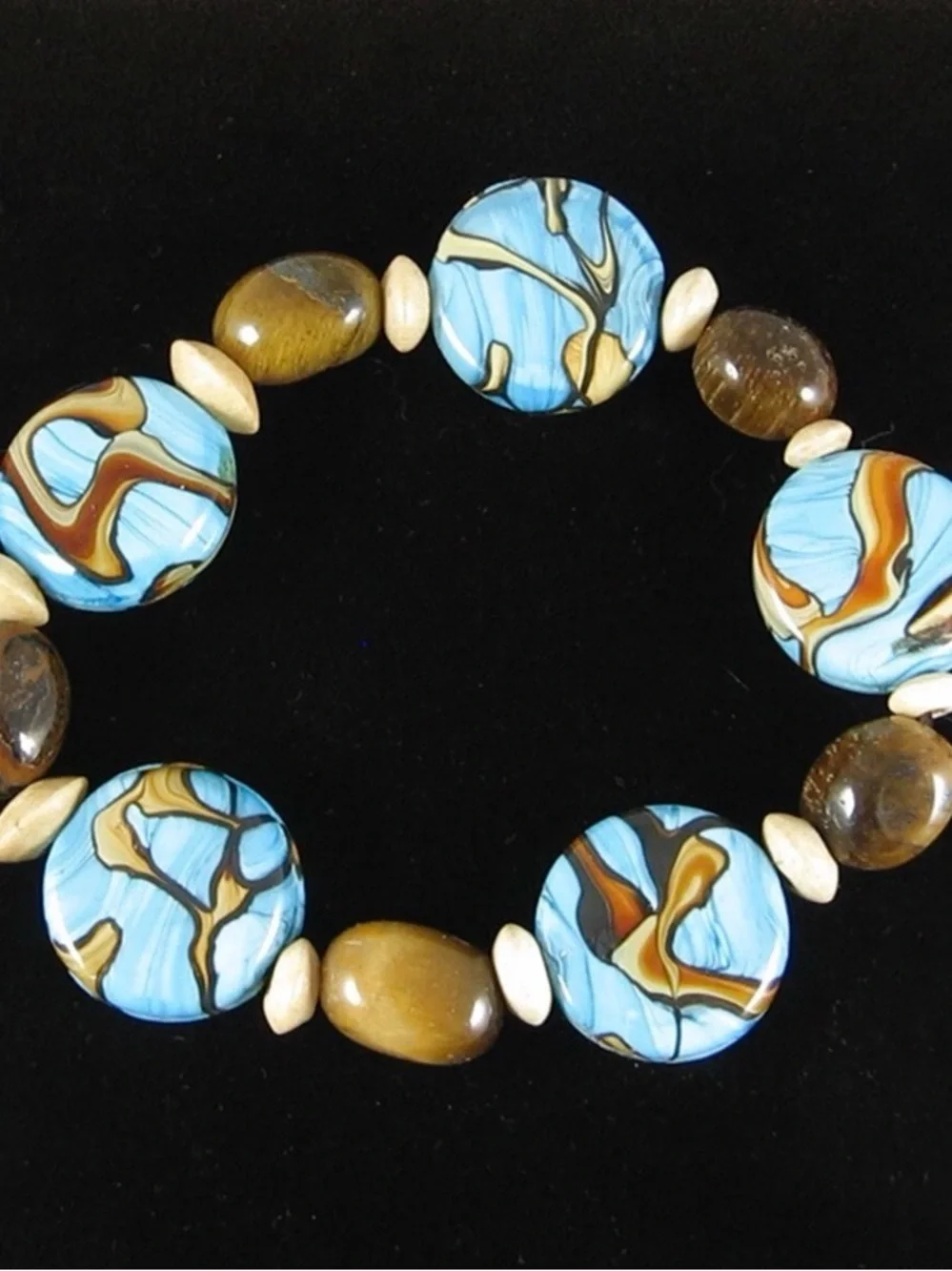 Vintage BEADED BRACELET Tigers Eye and Turquoise Art Glass Beads Elastic Stretch